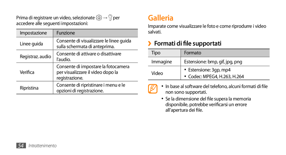 Samsung GT-I5500CWAWIN, GT-I5500CWATIM Galleria, ››Formati di file supportati, → per, Laudio, Opzioni di registrazione 
