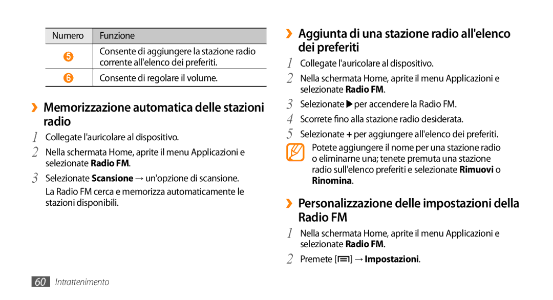 Samsung GT-I5500YKAHUI, GT-I5500CWATIM, GT-I5500YKAWIN manual ››Memorizzazione automatica delle stazioni radio, Radio FM 