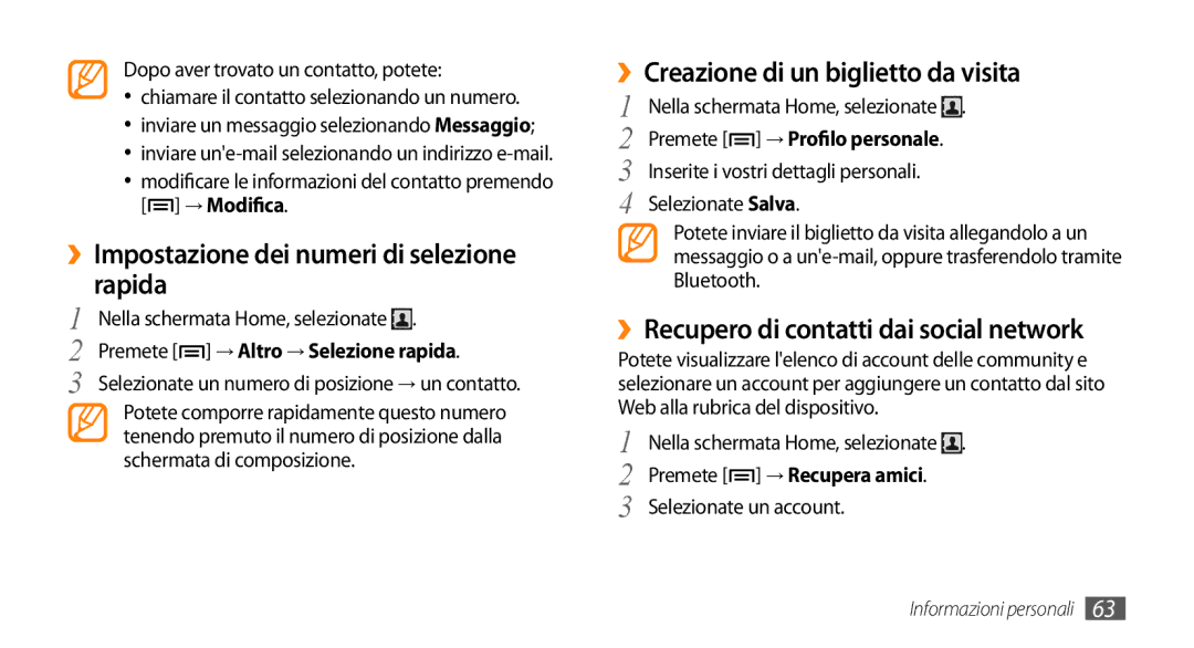 Samsung GT-I5500CWBITV manual ››Impostazione dei numeri di selezione rapida, ››Creazione di un biglietto da visita 