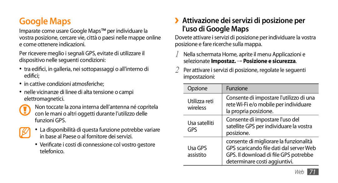 Samsung GT-I5500YKAWIN, GT-I5500CWATIM, GT-I5500YKAVOM manual Google Maps, Selezionate Impostaz. → Posizione e sicurezza 