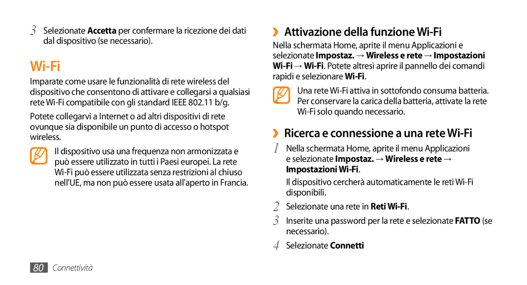 Samsung GT-I5500YKAOMN, GT-I5500CWATIM ››Attivazione della funzione Wi-Fi, ››Ricerca e connessione a una rete Wi-Fi 