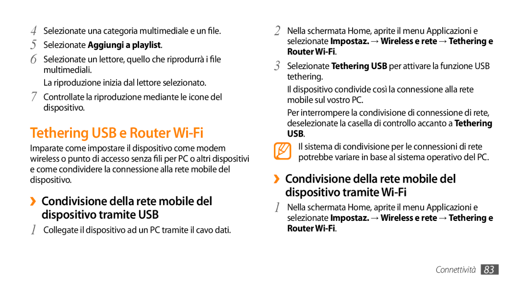 Samsung GT-I5500YKAITV, GT-I5500CWATIM manual Tethering USB e Router Wi-Fi, Selezionate una categoria multimediale e un file 