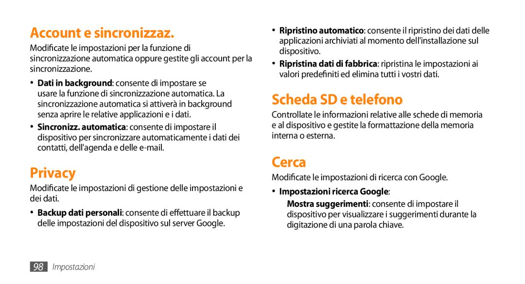 Samsung GT-I5500CWATIM manual Account e sincronizzaz, Privacy, Scheda SD e telefono, Cerca, Impostazioni ricerca Google 