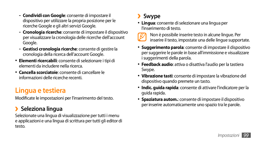 Samsung GT-I5500YKAWIN, GT-I5500CWATIM, GT-I5500YKAVOM, GT-I5500YKATPH manual Lingua e testiera, ››Seleziona lingua, ››Swype 