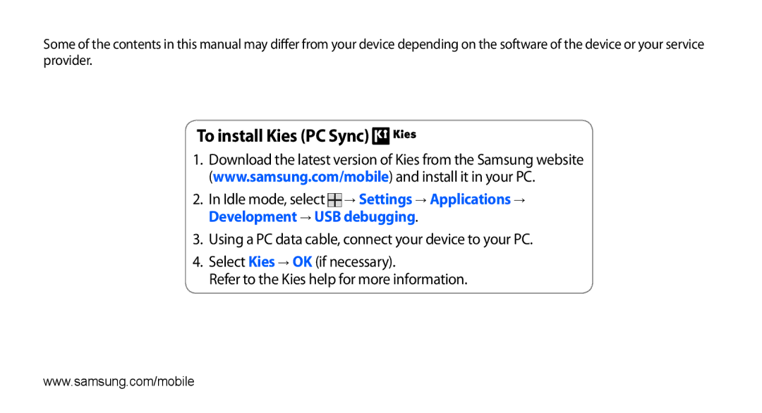 Samsung GT-I5500M manual To install Kies PC Sync 