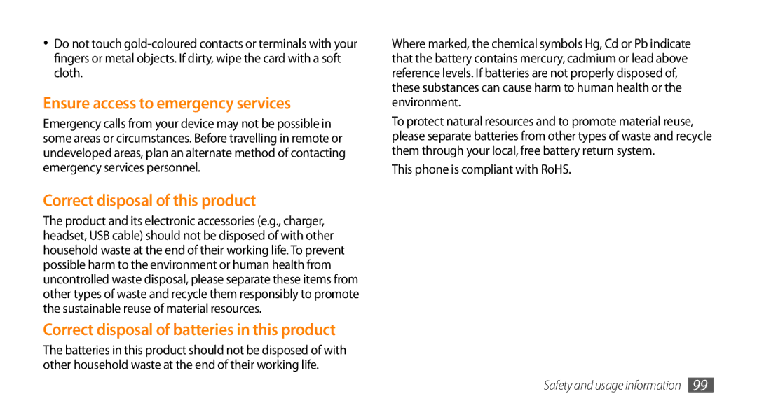 Samsung GT-I5500M manual Ensure access to emergency services, Correct disposal of this product 