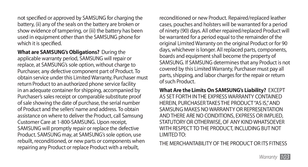 Samsung GT-I5500M manual Merchantability of the Product or ITS Fitness 