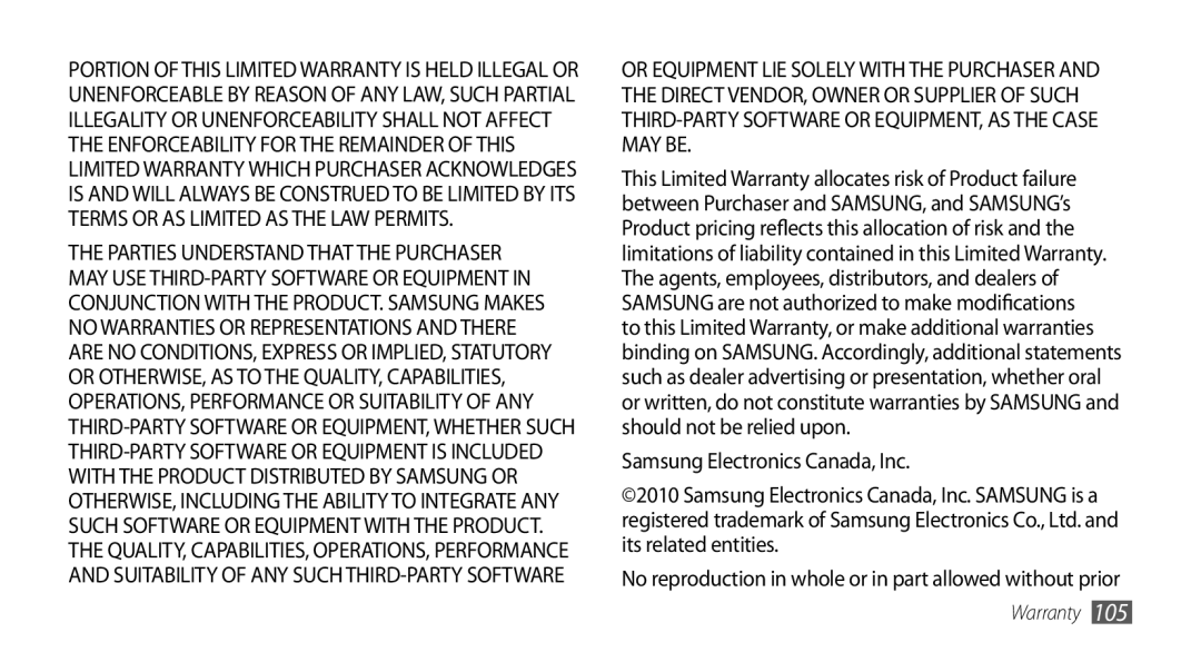 Samsung GT-I5500M manual Samsung Electronics Canada, Inc 