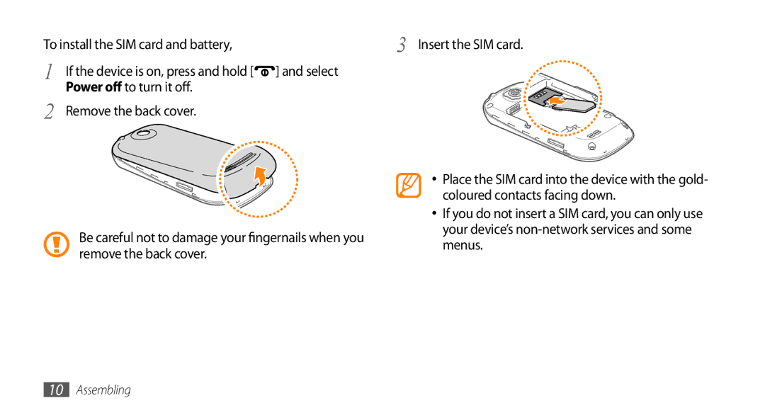 Samsung GT-I5500M manual Insert the SIM card, Select Power off to turn it off Remove the back cover 