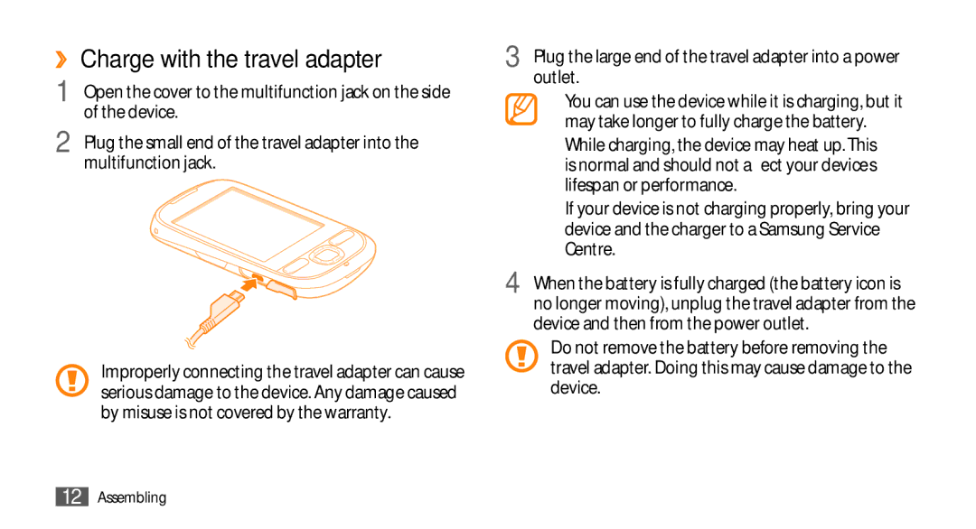 Samsung GT-I5500M manual ››Charge with the travel adapter, Device, Multifunction jack, Outlet 