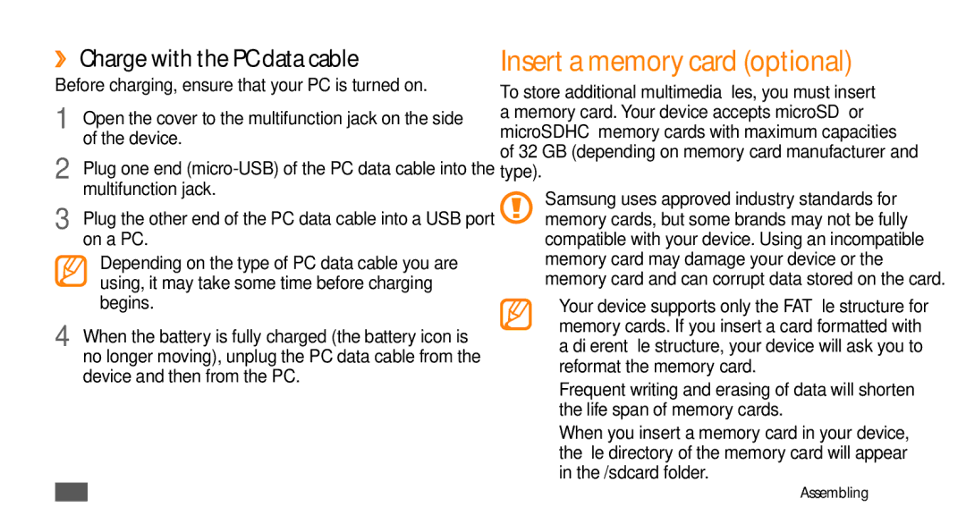 Samsung GT-I5500M manual Insert a memory card optional, ››Charge with the PC data cable 