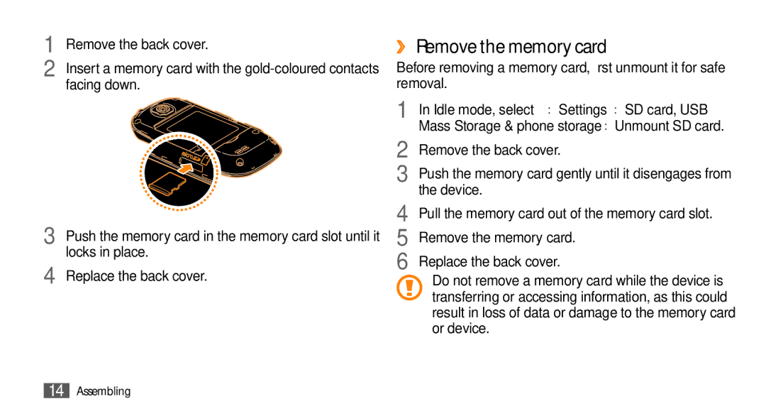 Samsung GT-I5500M manual ››Remove the memory card, Facing down, Locks in place 