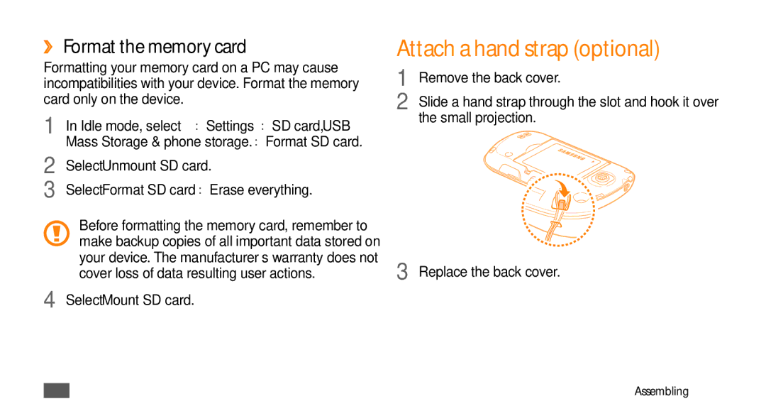 Samsung GT-I5500M Attach a hand strap optional, ››Format the memory card, Select Unmount SD card, Select Mount SD card 