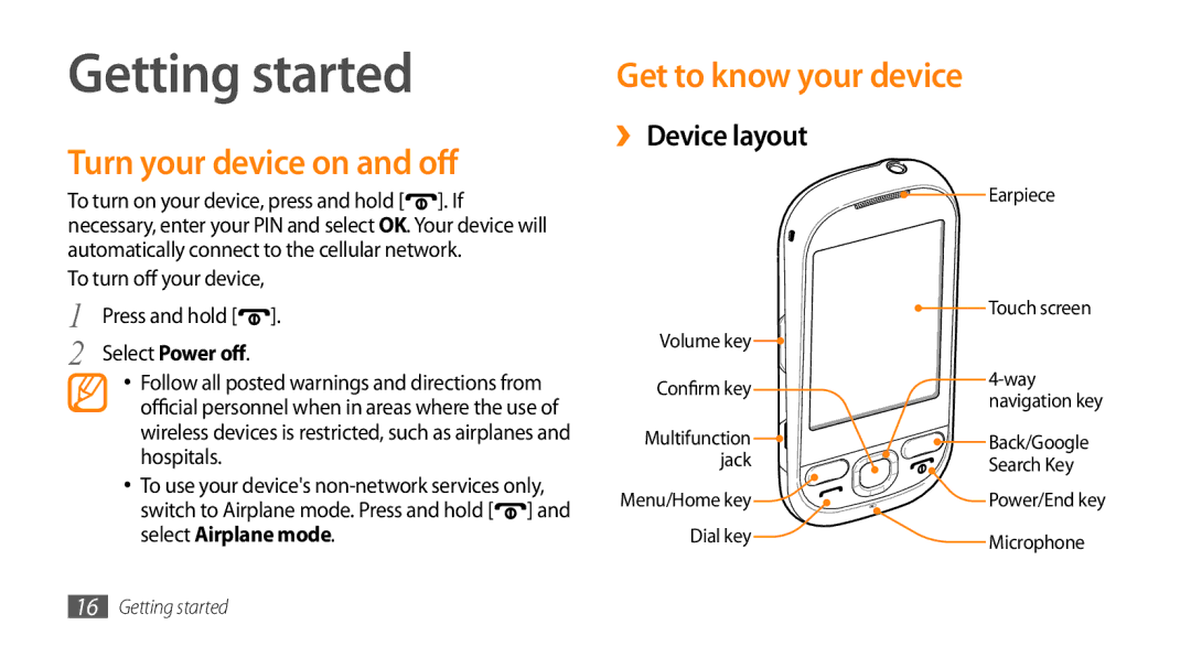 Samsung GT-I5500M manual Getting started, Turn your device on and off, ››Device layout, To turn off your device 