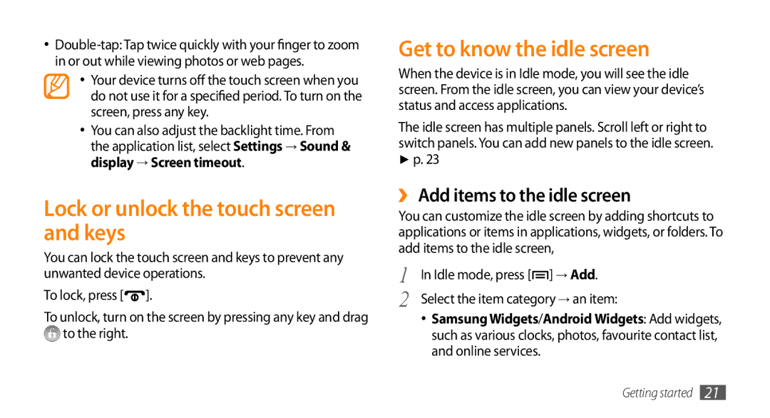 Samsung GT-I5500M Lock or unlock the touch screen and keys, Get to know the idle screen, ››Add items to the idle screen 