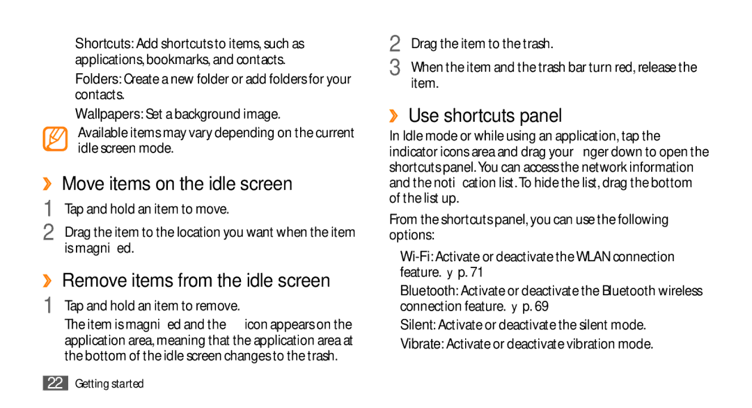 Samsung GT-I5500M manual ››Move items on the idle screen, ››Use shortcuts panel 