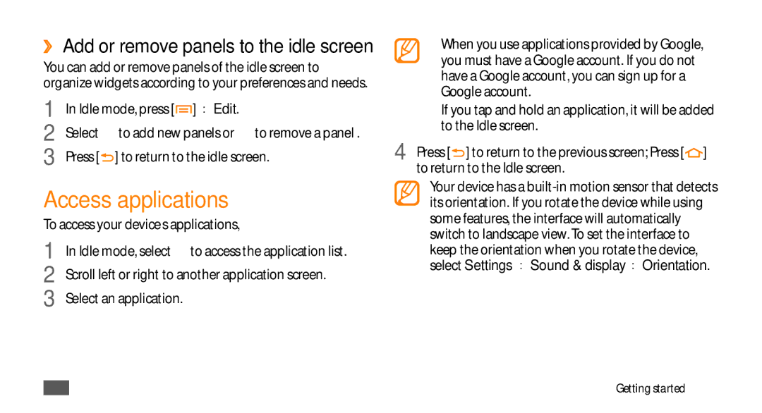 Samsung GT-I5500M manual Access applications, Idle mode, press → Edit, Select, Press To return to the idle screen 