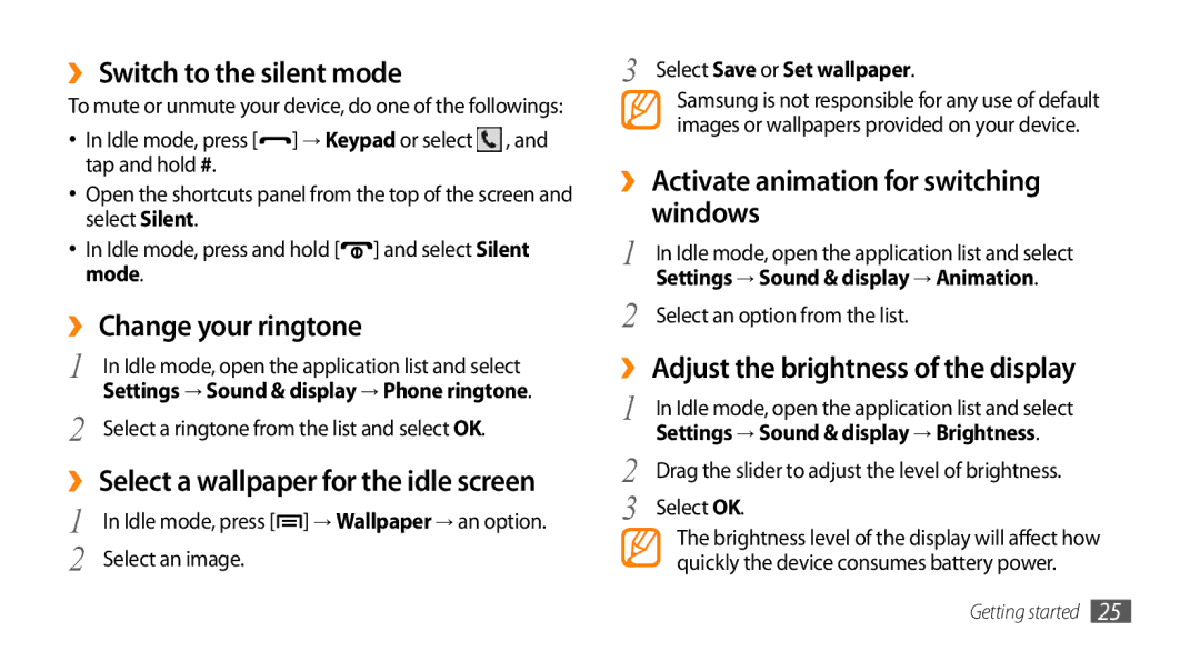 Samsung GT-I5500M manual ››Switch to the silent mode, ››Change your ringtone, ››Activate animation for switching windows 