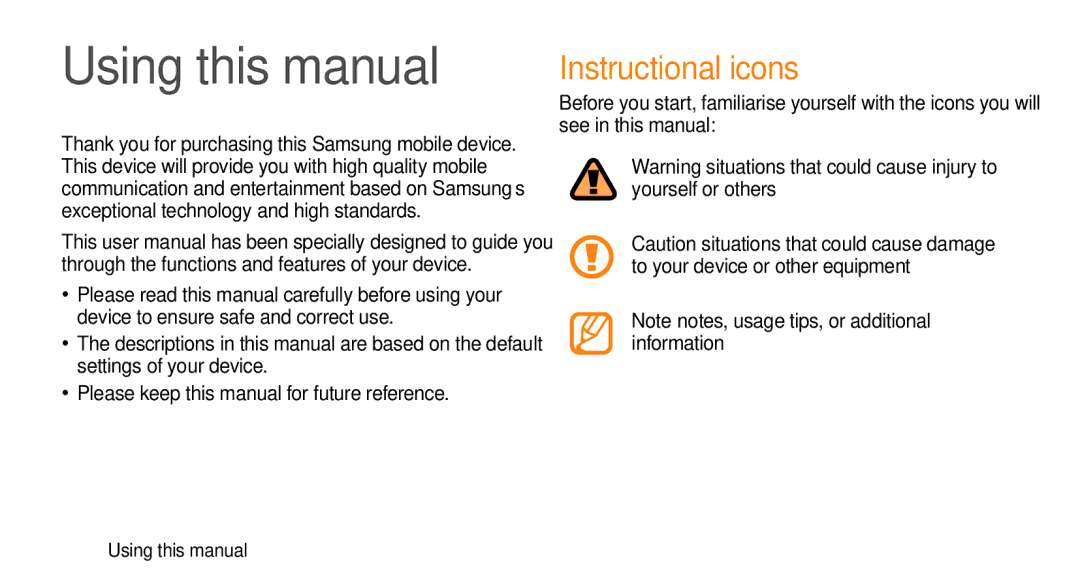 Samsung GT-I5500M Using this manual, Instructional icons 