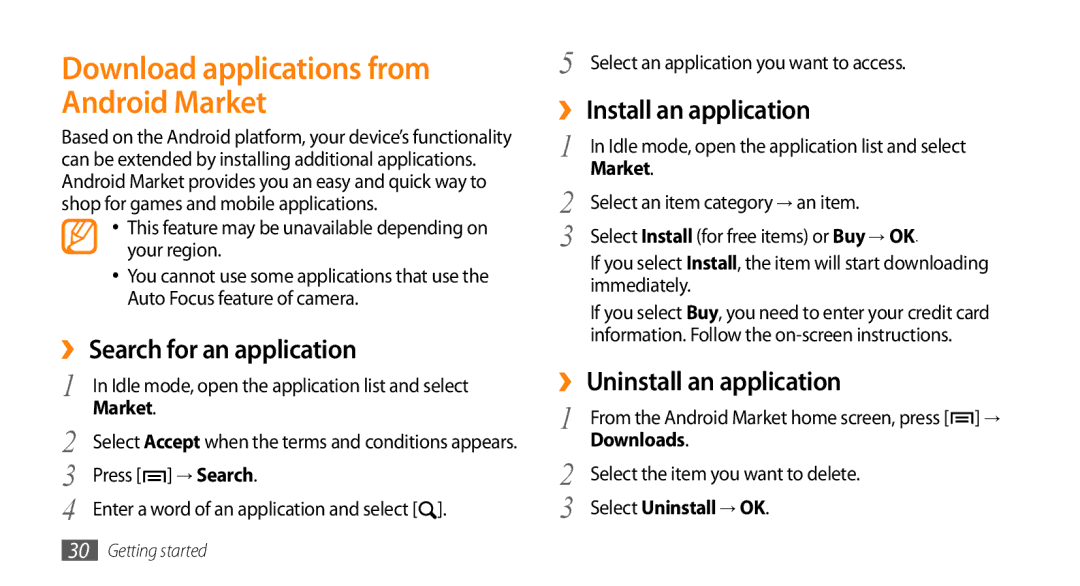 Samsung GT-I5500M manual Download applications from Android Market, ››Search for an application, ››Uninstall an application 