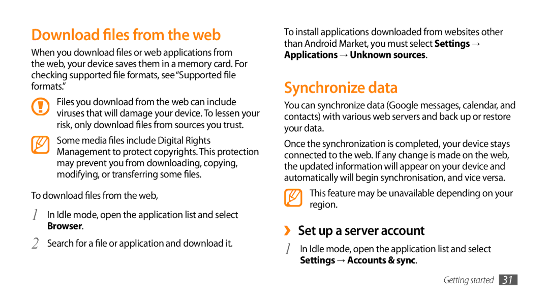 Samsung GT-I5500M manual Download files from the web, Synchronize data, ››Set up a server account, Browser 