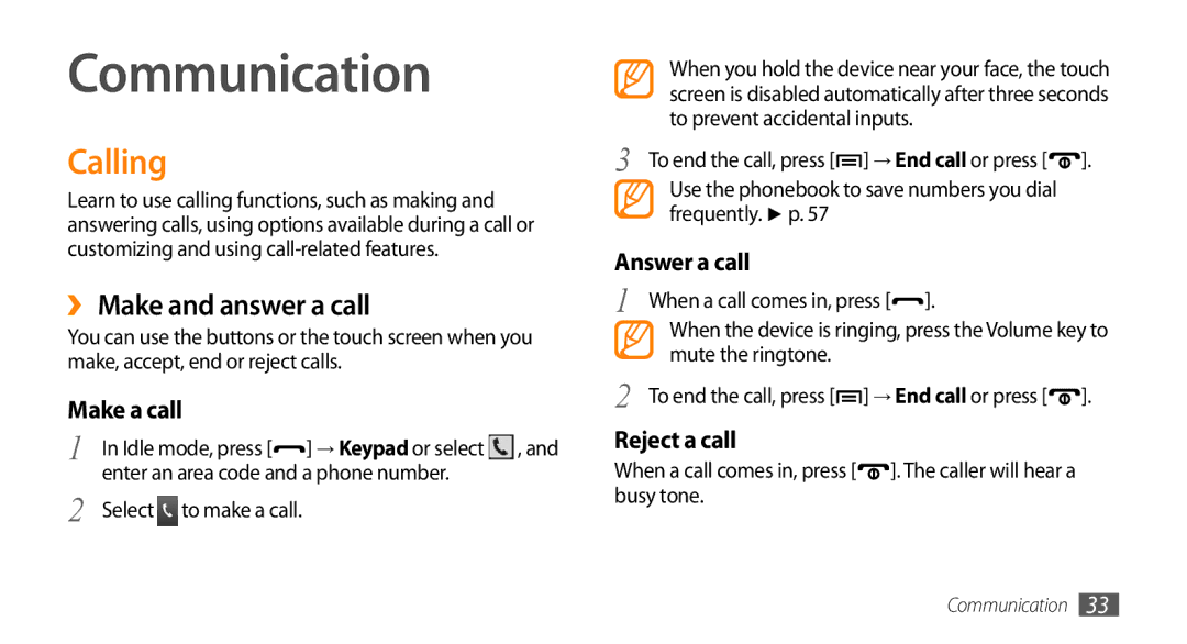 Samsung GT-I5500M manual Communication, Calling, ››Make and answer a call 