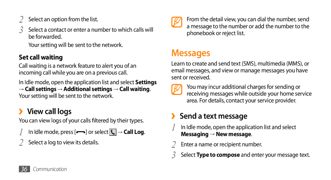 Samsung GT-I5500M manual Messages, ››View call logs, ››Send a text message, Messaging → New message 