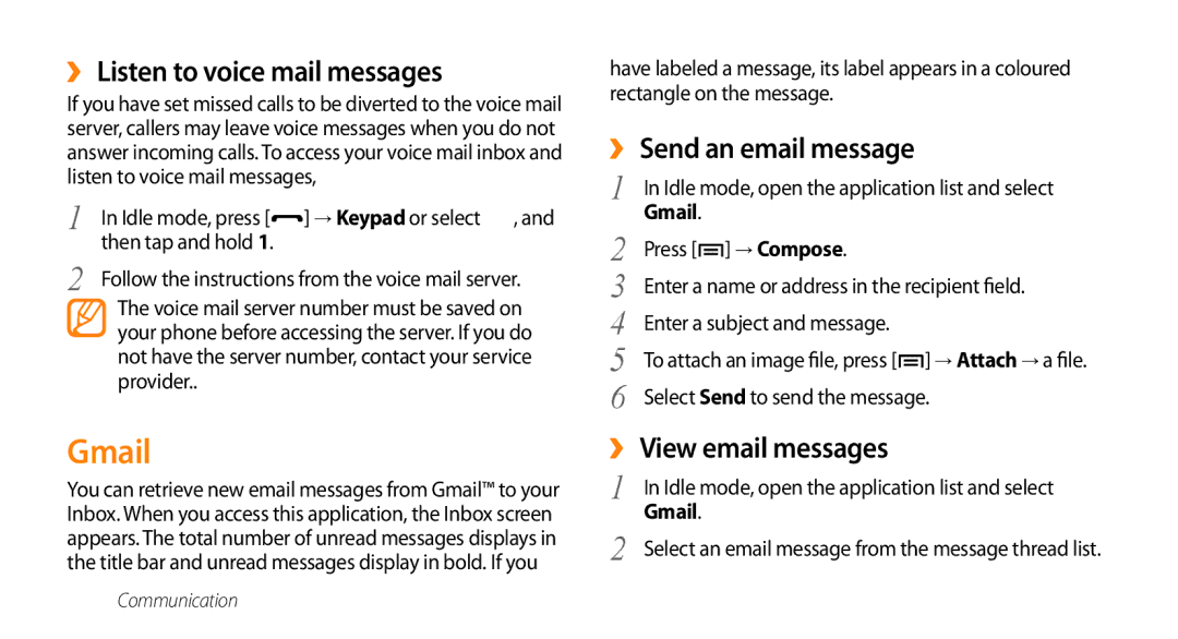 Samsung GT-I5500M manual Gmail, ››Listen to voice mail messages, ››Send an email message, Then tap and hold 