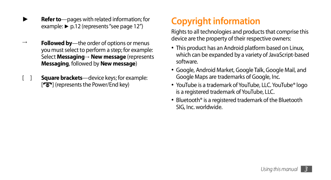 Samsung GT-I5500M manual Copyright information, Represents the Power/End key 