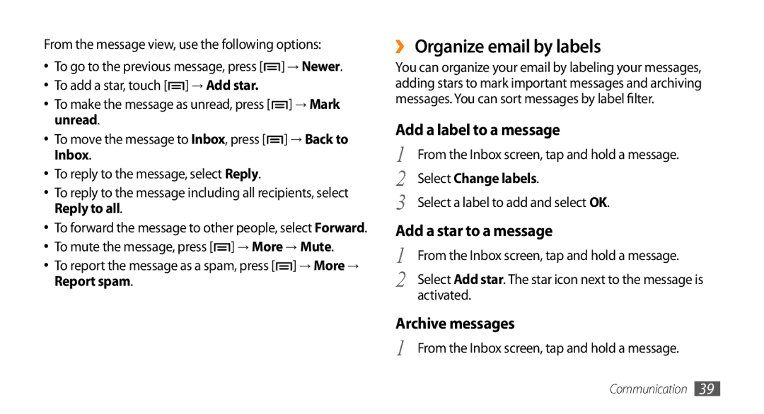 Samsung GT-I5500M manual ››Organize email by labels, From the message view, use the following options 