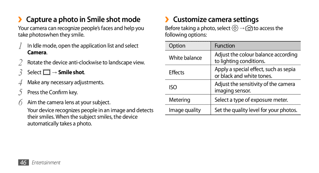 Samsung GT-I5500M manual ››Capture a photo in Smile shot mode, ››Customize camera settings, → Smile shot 