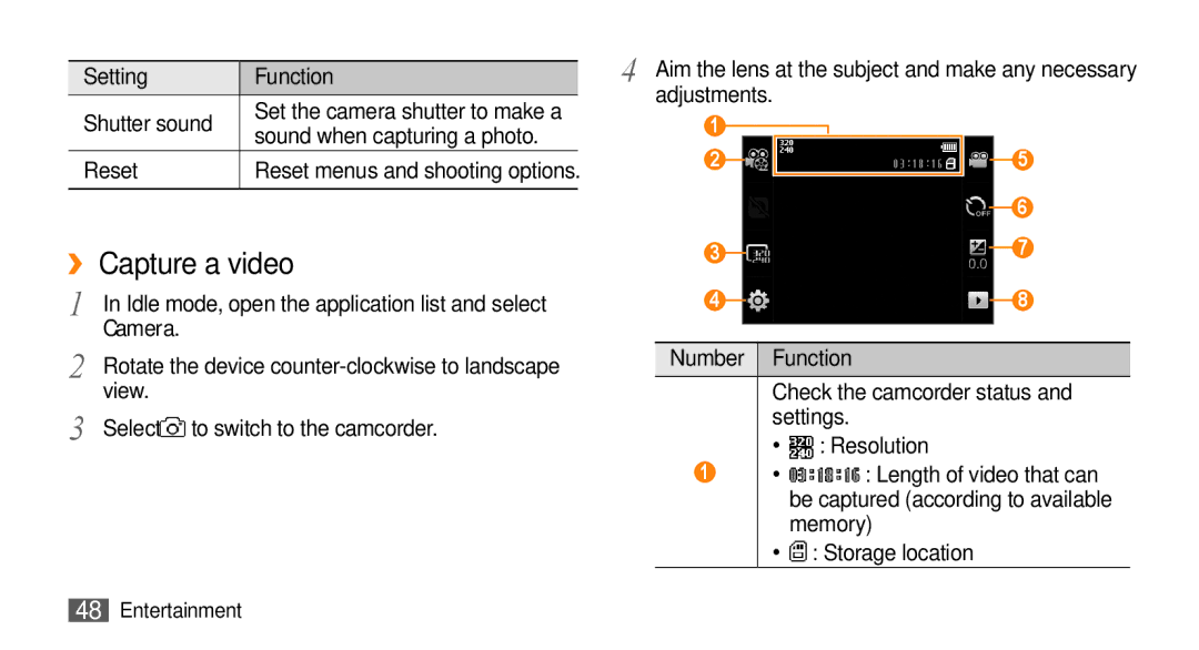 Samsung GT-I5500M manual ››Capture a video, Setting Function Shutter sound, Reset, View, Select to switch to the camcorder 
