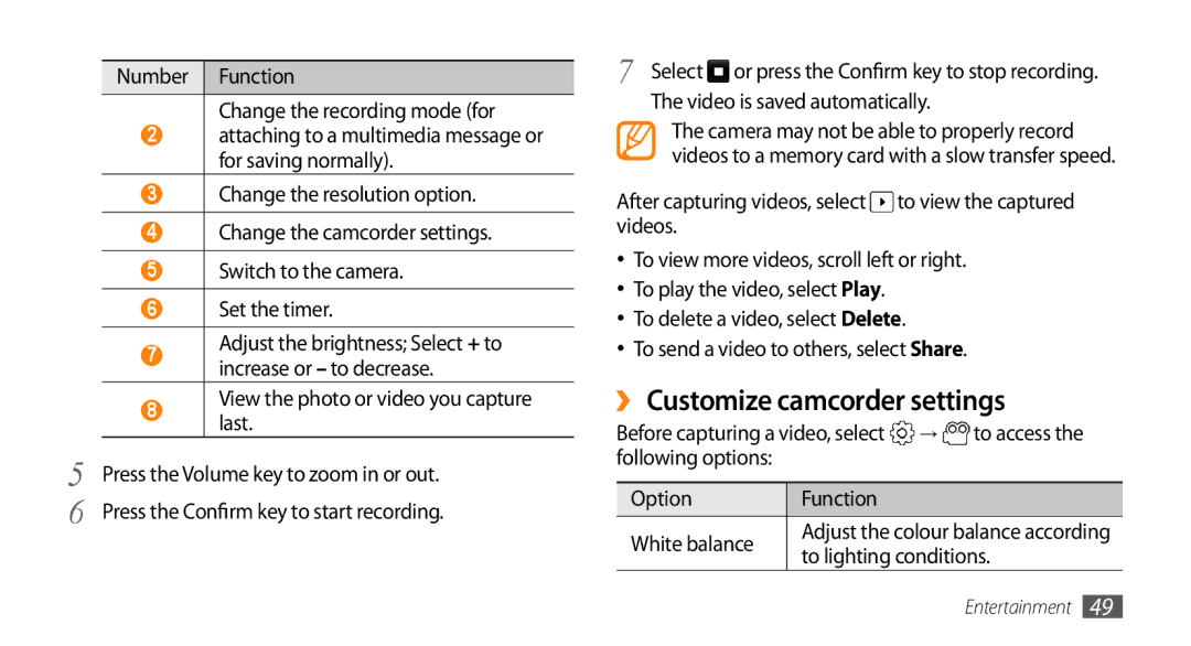 Samsung GT-I5500M manual ››Customize camcorder settings, Number Function Change the recording mode for 