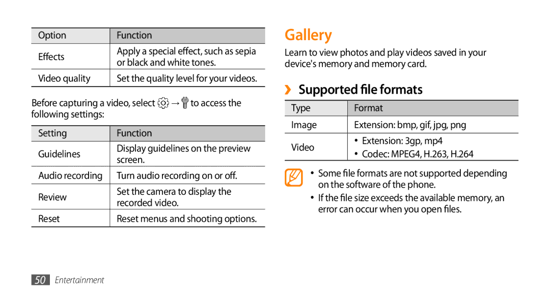 Samsung GT-I5500M manual Gallery, ››Supported file formats 