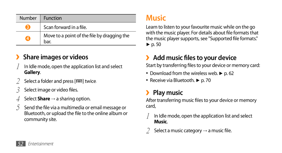 Samsung GT-I5500M manual Music, ››Share images or videos, ››Add music files to your device, ››Play music 