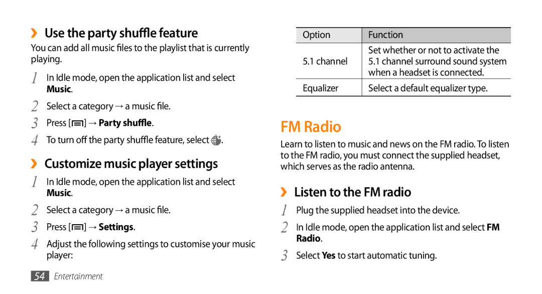 Samsung GT-I5500M FM Radio, ››Use the party shuffle feature, ››Customize music player settings, ››Listen to the FM radio 