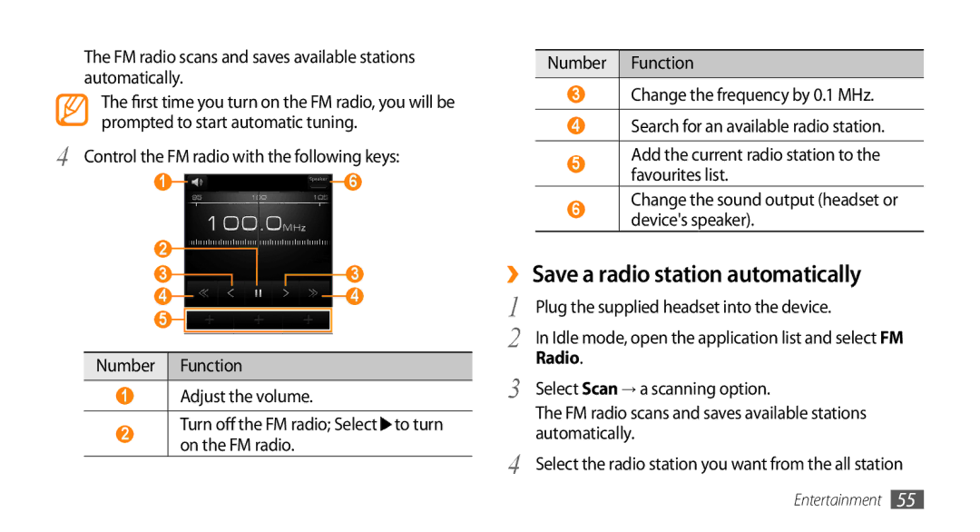 Samsung GT-I5500M manual ››Save a radio station automatically, FM radio scans and saves available stations automatically 