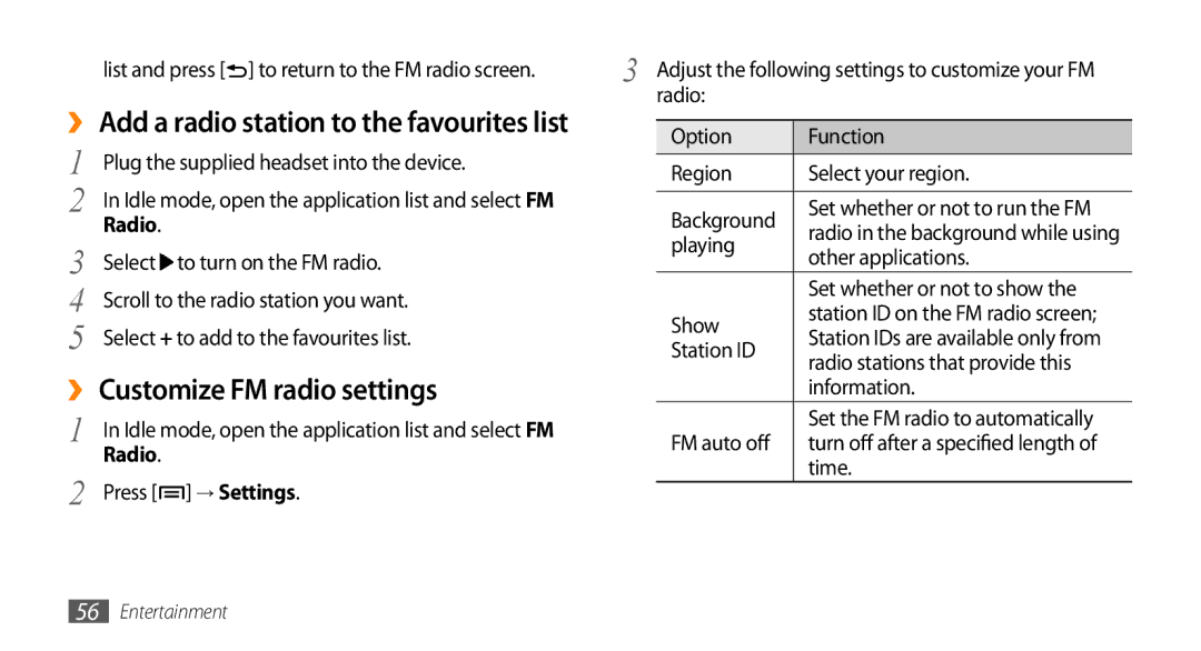 Samsung GT-I5500M manual ››Customize FM radio settings 