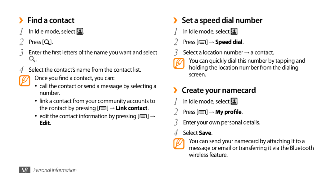Samsung GT-I5500M manual ››Find a contact, ››Set a speed dial number, ››Create your namecard 
