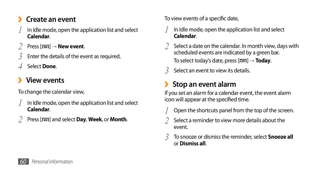 Samsung GT-I5500M manual ››Create an event, ››View events, ››Stop an event alarm, Calendar, Or Dismiss all 