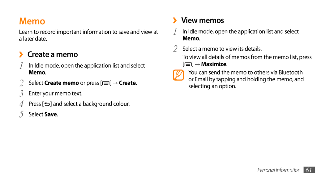 Samsung GT-I5500M manual Memo, ››Create a memo, ››View memos, → Maximize 