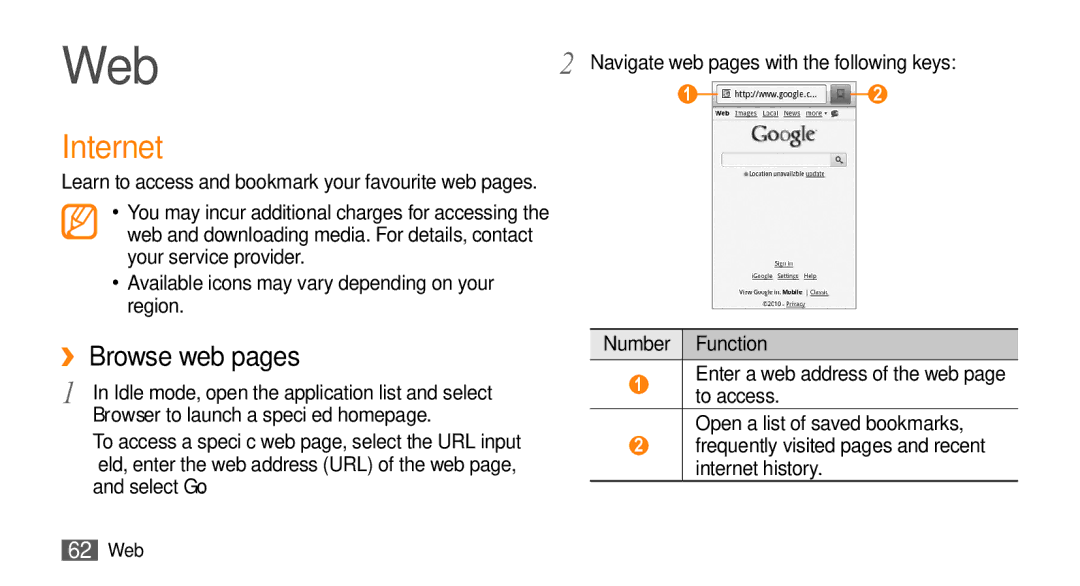 Samsung GT-I5500M manual Web, Internet, ››Browse web pages, Learn to access and bookmark your favourite web pages 