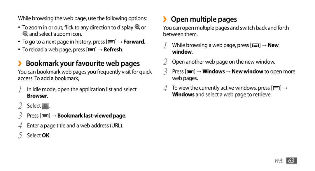 Samsung GT-I5500M manual ››Bookmark your favourite web pages, ››Open multiple pages, Window 