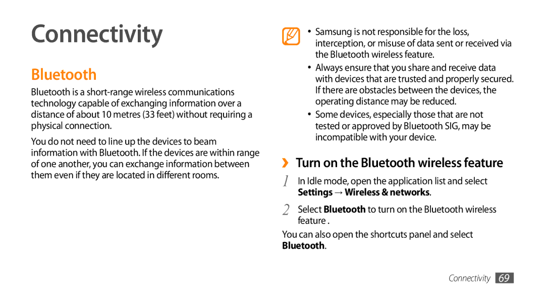 Samsung GT-I5500M manual Connectivity, ››Turn on the Bluetooth wireless feature, Settings → Wireless & networks 