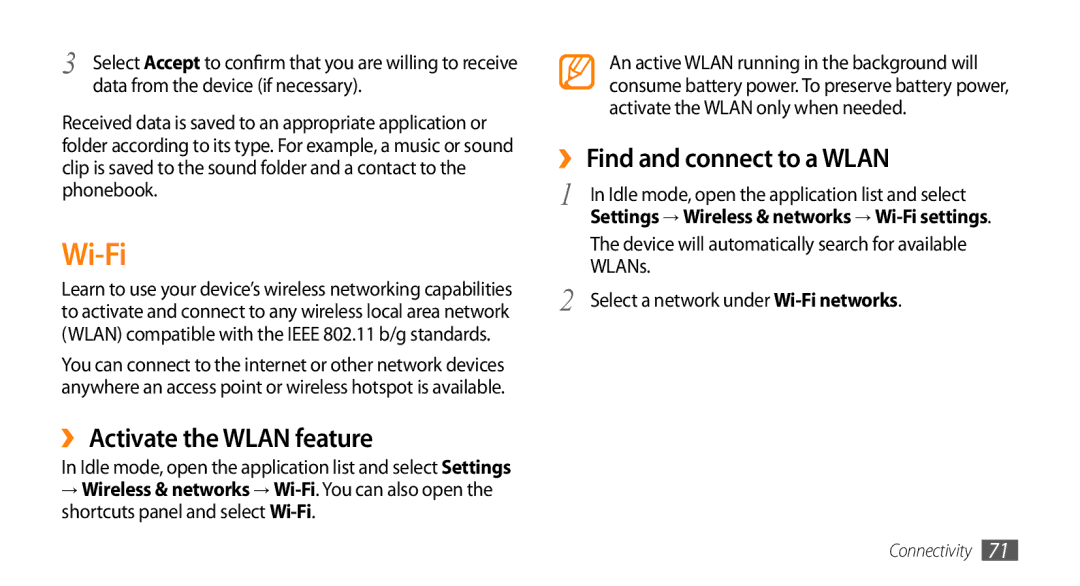 Samsung GT-I5500M manual Wi-Fi, ››Activate the Wlan feature, ››Find and connect to a Wlan, WLANs 