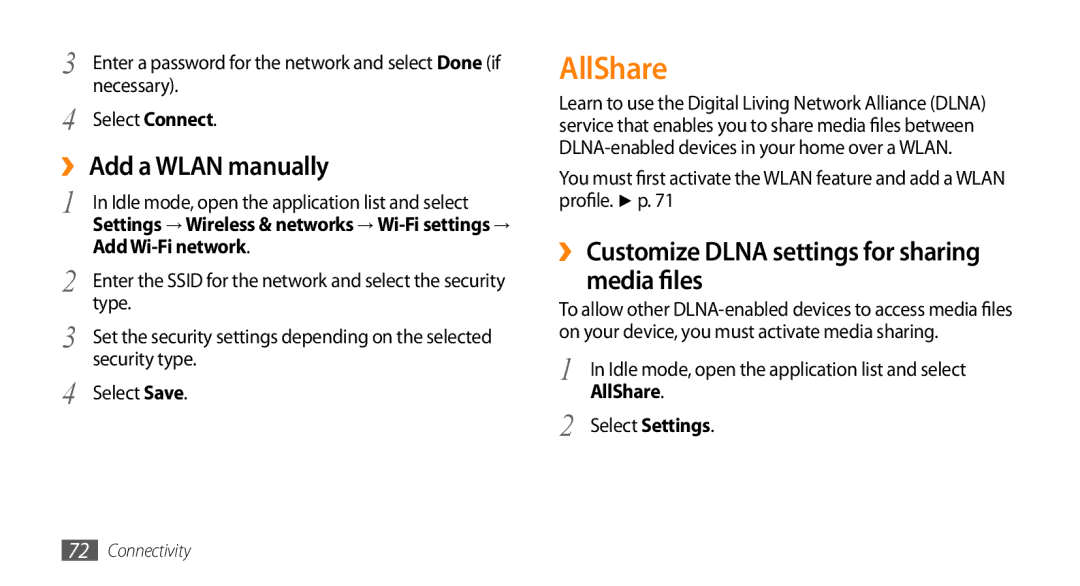 Samsung GT-I5500M AllShare, ››Add a Wlan manually, ››Customize Dlna settings for sharing media files, Add Wi-Fi network 