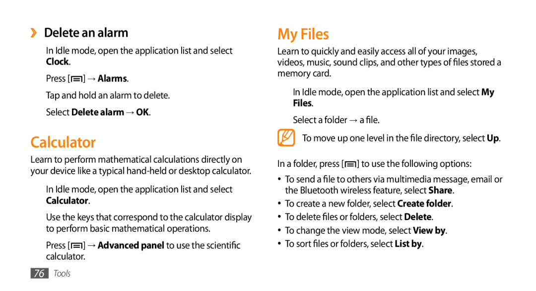 Samsung GT-I5500M manual Calculator, My Files, ››Delete an alarm 