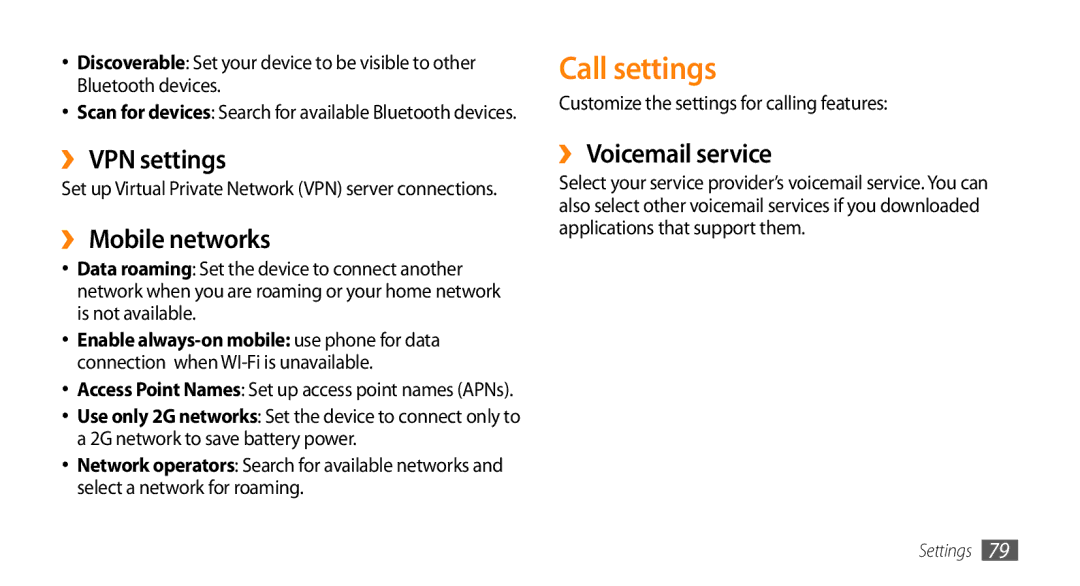 Samsung GT-I5500M manual Call settings, ››VPN settings, ››Mobile networks, ››Voicemail service 