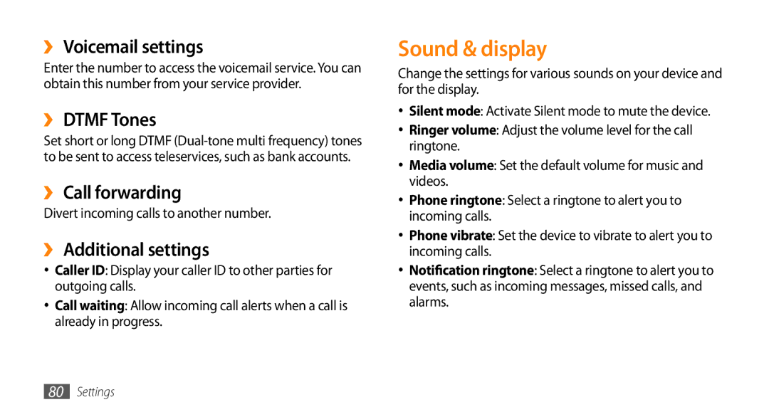 Samsung GT-I5500M manual Sound & display, ››Voicemail settings, ››DTMF Tones, ››Call forwarding, ››Additional settings 