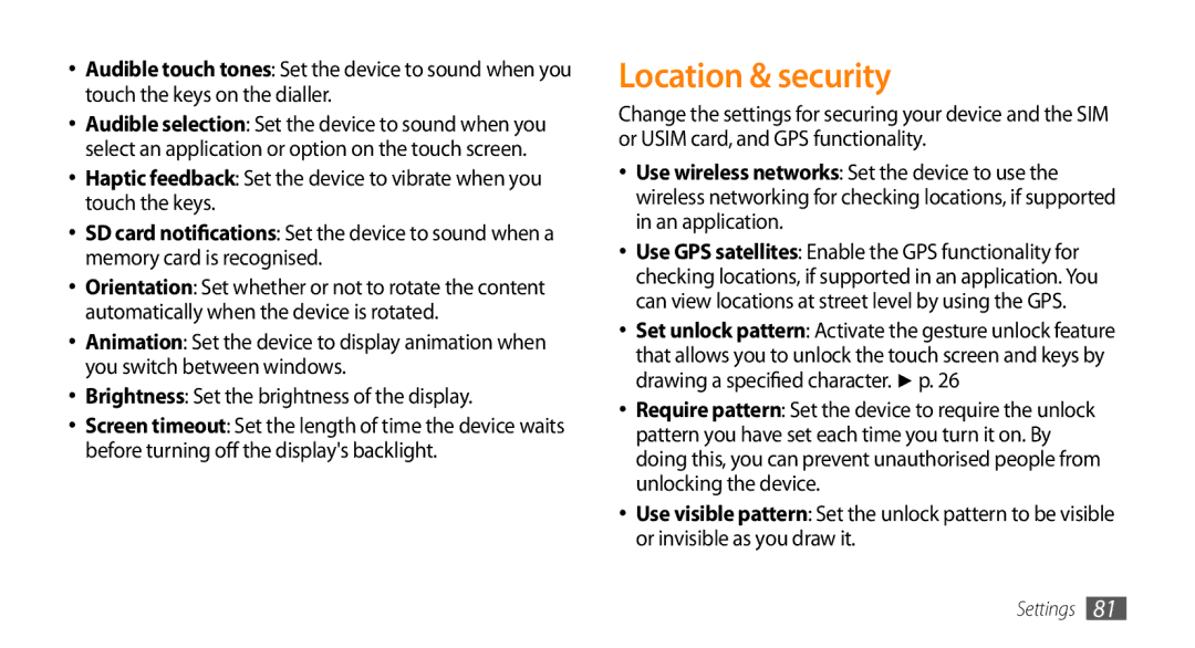 Samsung GT-I5500M manual Location & security, Brightness Set the brightness of the display 